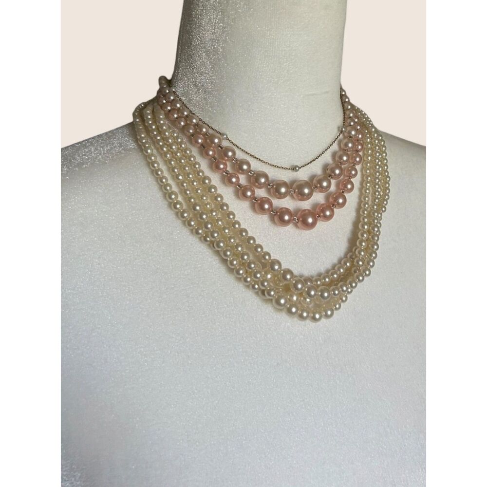 🦪 VTG FAUX PEARL CHOKER PINK COSTUME FASHION BUNDLE LOT LAYERED NECKLACE STACK